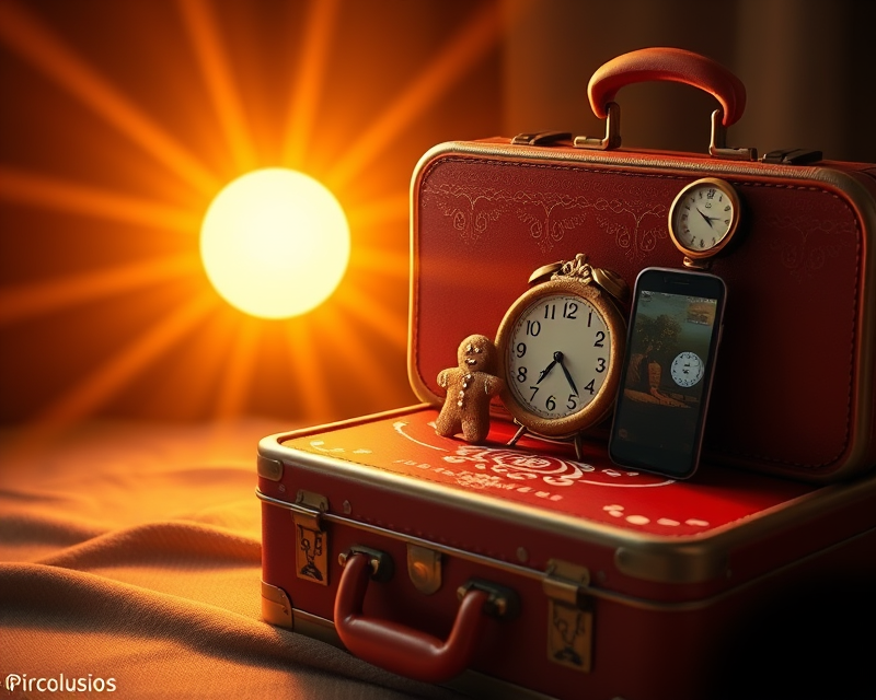 sun, suitcase, gingerbread, cell phone, clock